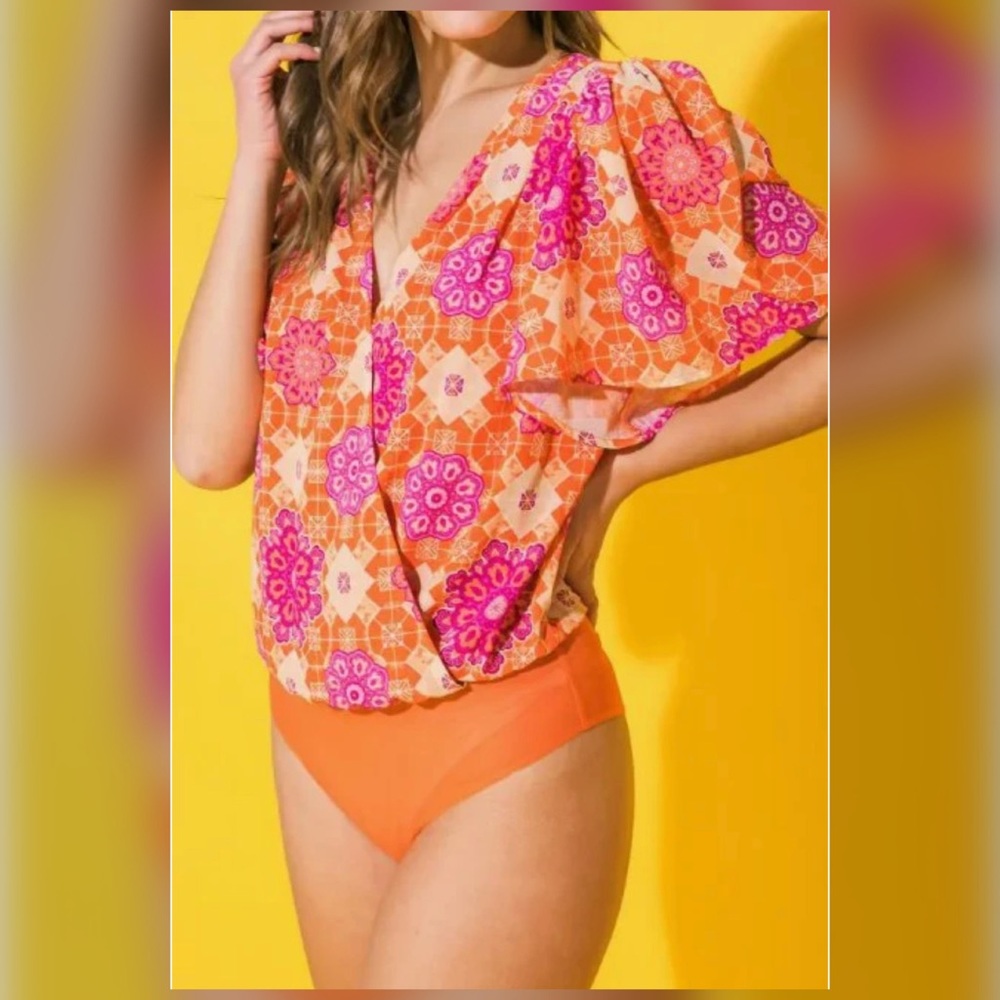 Orange & Pink Print Bodysuit - Picture 3 of 7